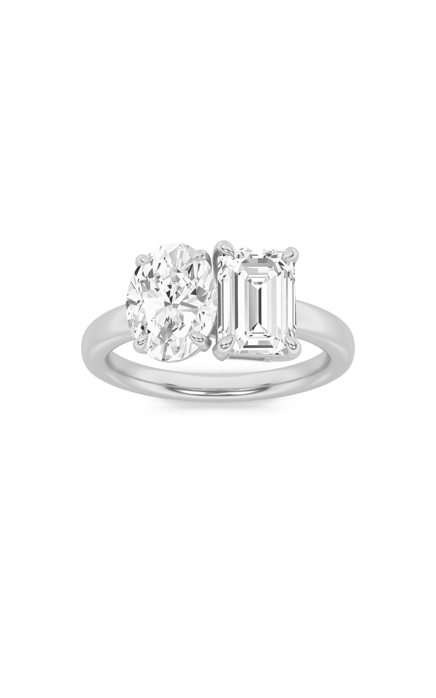 3Cttw Emerald Shaped Lab Grown Diamond (F/VS) Toi et Moi Engagement Ring in 14K Gold
