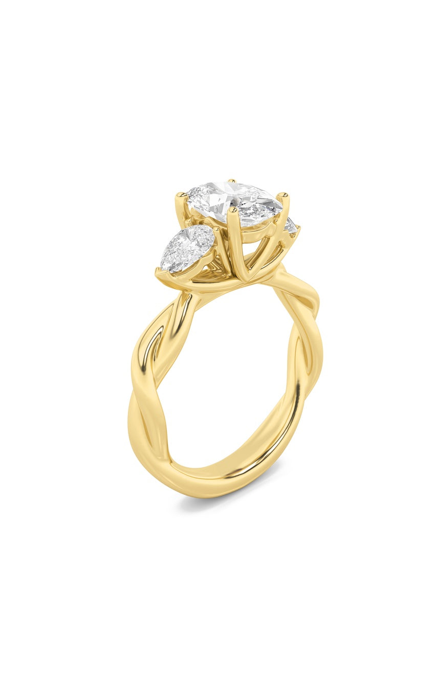 2Cttw Oval Shaped Lab Grown Diamond (F/VS) Three Stone Twisted Band Engagement Ring in 14K Gold