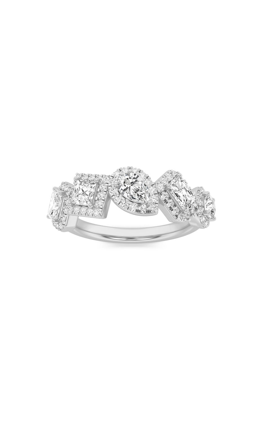 1.33Cttw Mix Shaped Lab Grown Diamond (F/VS) Five StoneHalo Fashion Ring in 14K Gold