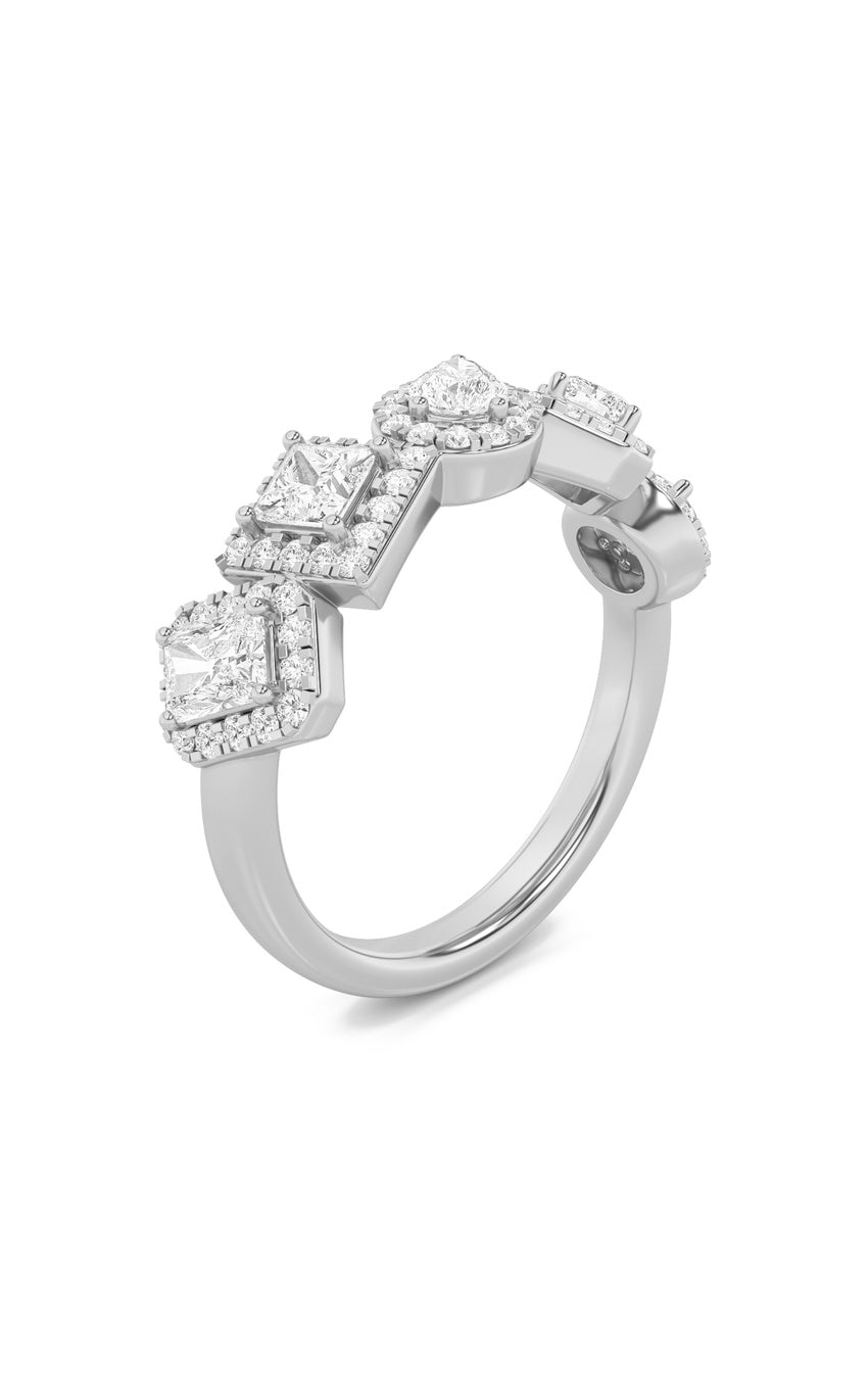 1.33Cttw Mix Shaped Lab Grown Diamond (F/VS) Five StoneHalo Fashion Ring in 14K Gold