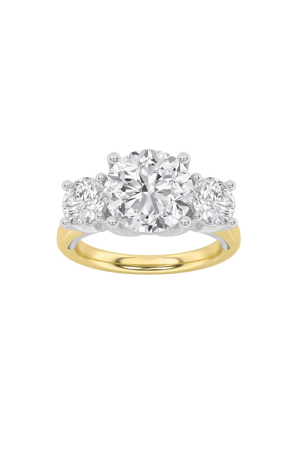 4Cttw Round Shaped Lab Grown Diamond (F/VS) Accented Three Stone Ring in 14K Gold