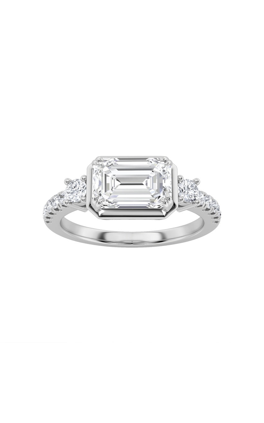 2Cttw Emerald Shaped Lab Grown Diamond (F/VS) East West Accented Three Stone Ring in 14K Gold