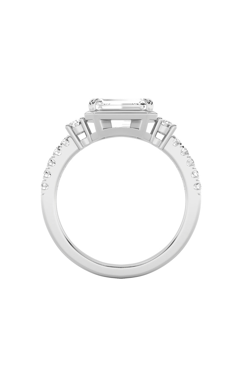 2Cttw Emerald Shaped Lab Grown Diamond (F/VS) East West Accented Three Stone Ring in 14K Gold