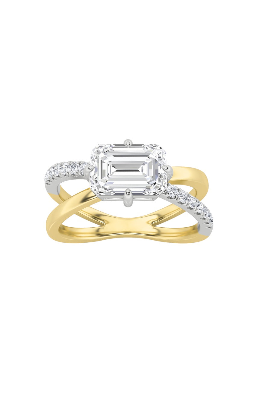 2Cttw Emerald Shaped Lab Grown Diamond (F/VS) East West Accented Solitaire Ring in 14K Gold