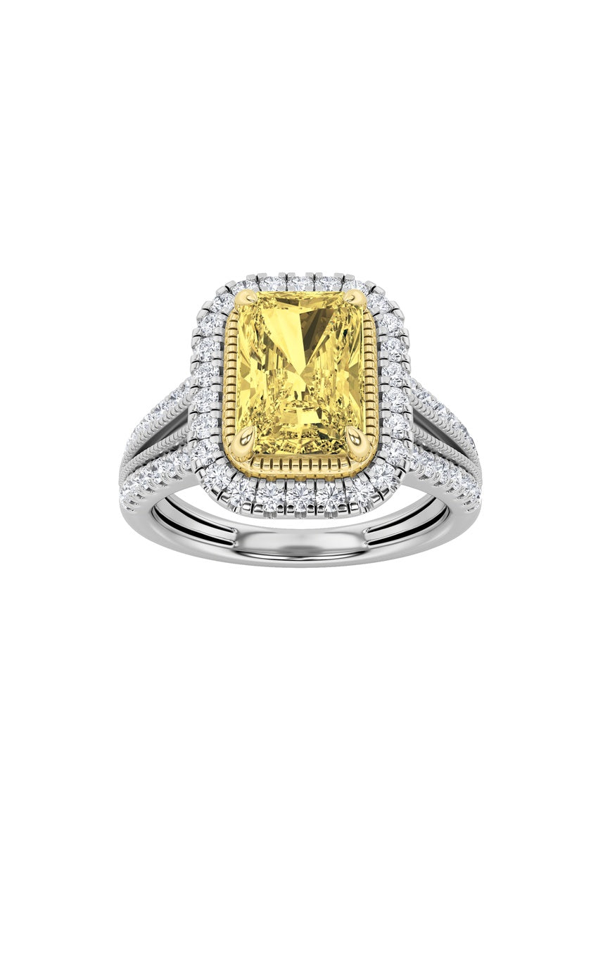 2.5Cttw Radiant Shaped Fancy Yellow Lab Grown Diamond (F/VS) Split Shank Halo Engagement Ring in 14K Gold