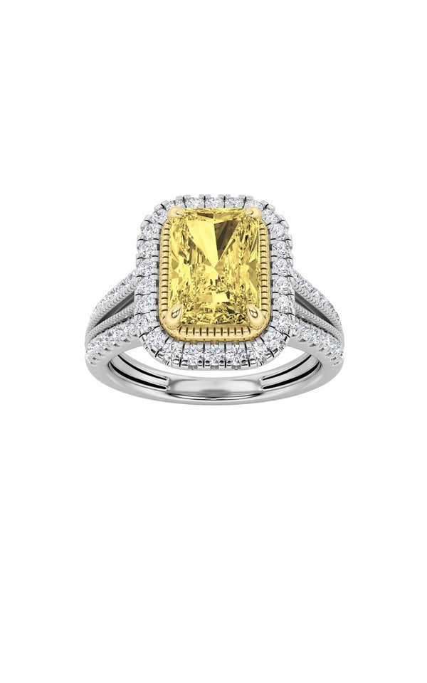 2.5Cttw Radiant Shaped Fancy Yellow Lab Grown Diamond (F/VS) Split Shank Halo Engagement Ring in 14K Gold