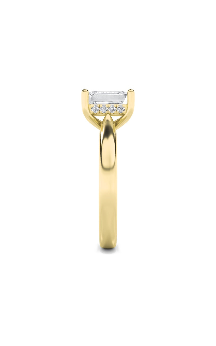 1Cttw Emerald Shaped Lab Grown Diamond (F/VS) Hidden Halo Cathedral Shank Engagement Ring in 14K Gold