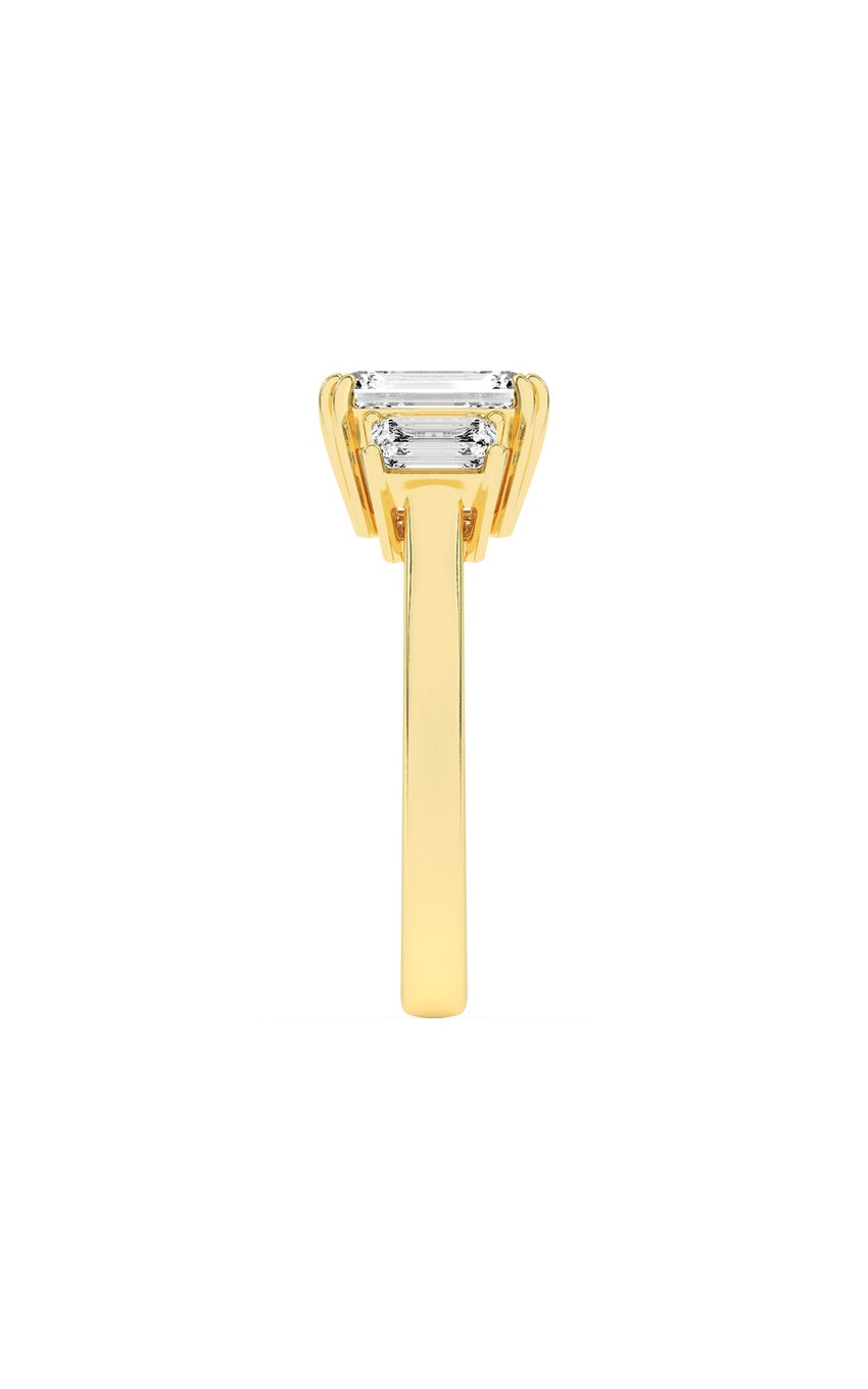 3Cttw Emerald Shaped Lab Grown Diamond (F/VS) Three Stone Accented Ring in 14K Gold
