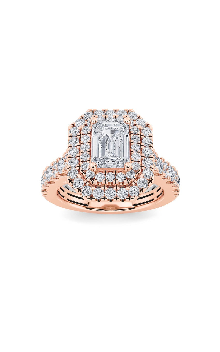 2Cttw Emerald Shaped Lab Grown Diamond (F/VS) Double Halo Engagement Ring in 14K Gold