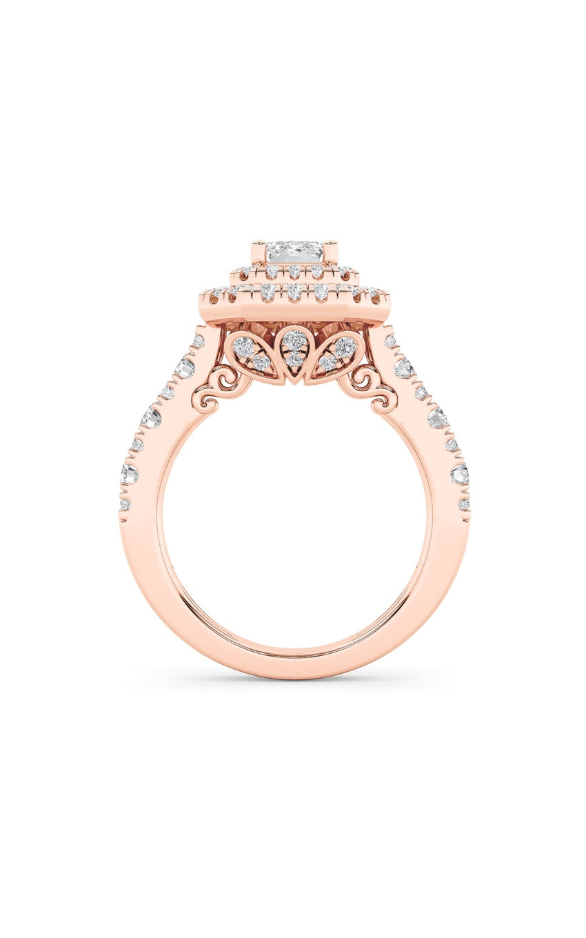 2Cttw Emerald Shaped Lab Grown Diamond (F/VS) Double Halo Engagement Ring in 14K Gold