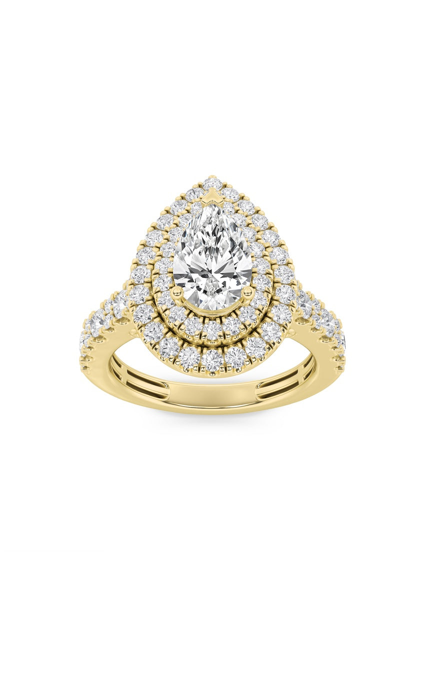 2Cttw Pear Shaped Lab Grown Diamond (F/VS) Double Halo Engagement Ring in 14K Gold