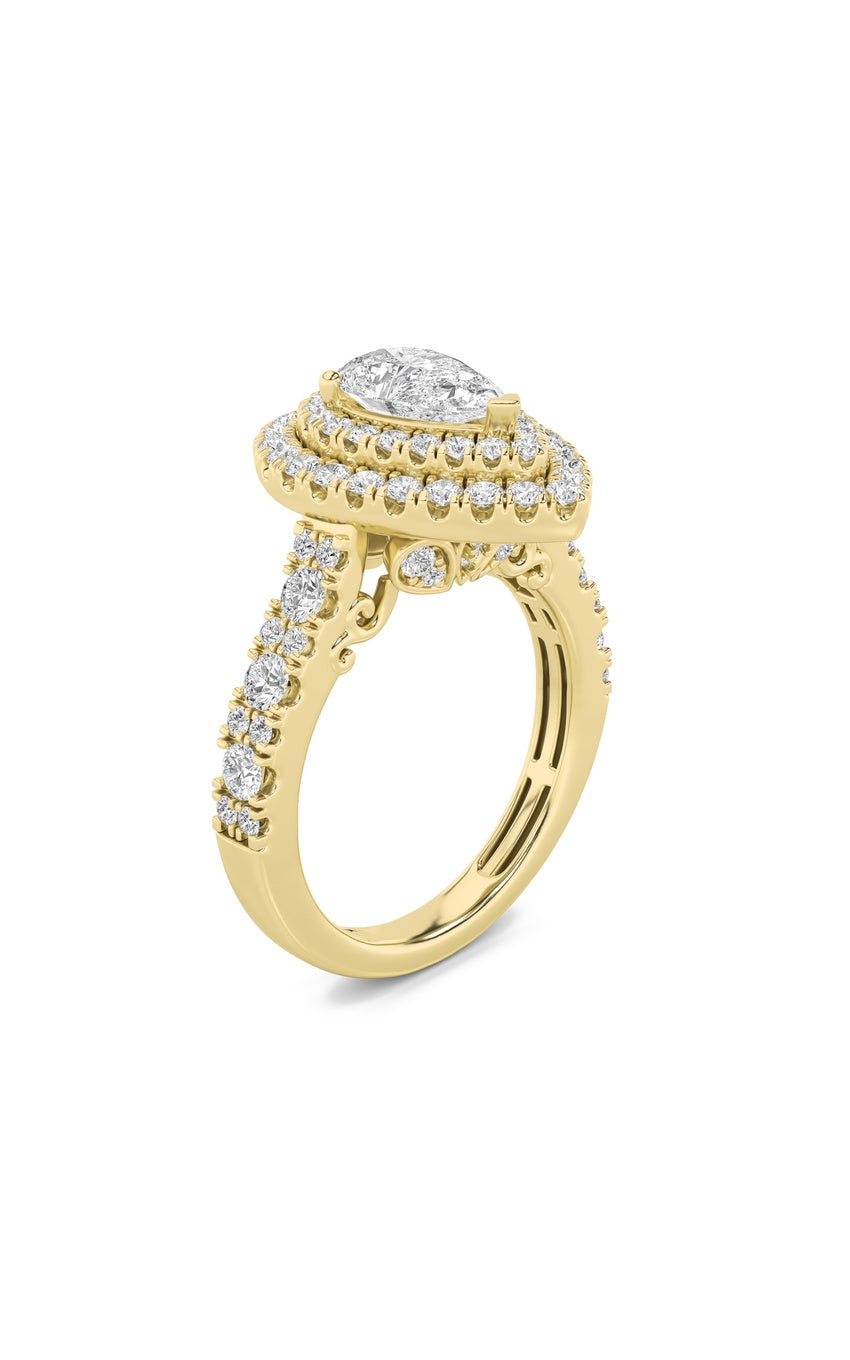 2Cttw Pear Shaped Lab Grown Diamond (F/VS) Double Halo Engagement Ring in 14K Gold