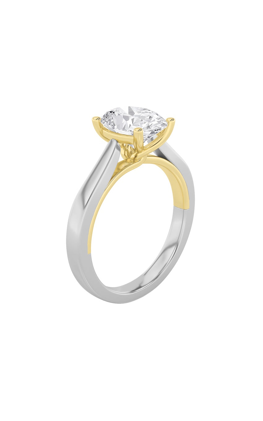 1Cttw Oval Shaped Lab Grown Diamond (F/VS) Two Tone Twisted Basket Cathedral Shank Solitaire Ring in 14K Gold