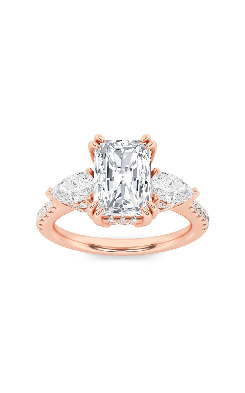 3Cttw Radiant Shaped Lab Grown Diamond (F/VS) Accented Three Stone Ring in 14K Gold