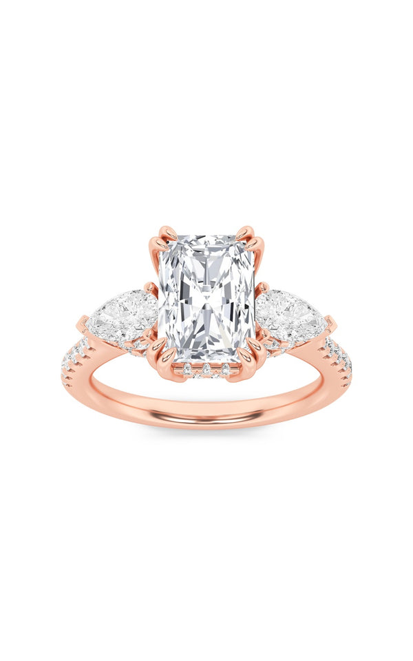 3Cttw Radiant Shaped Lab Grown Diamond (F/VS) Accented Three Stone Ring in 14K Gold