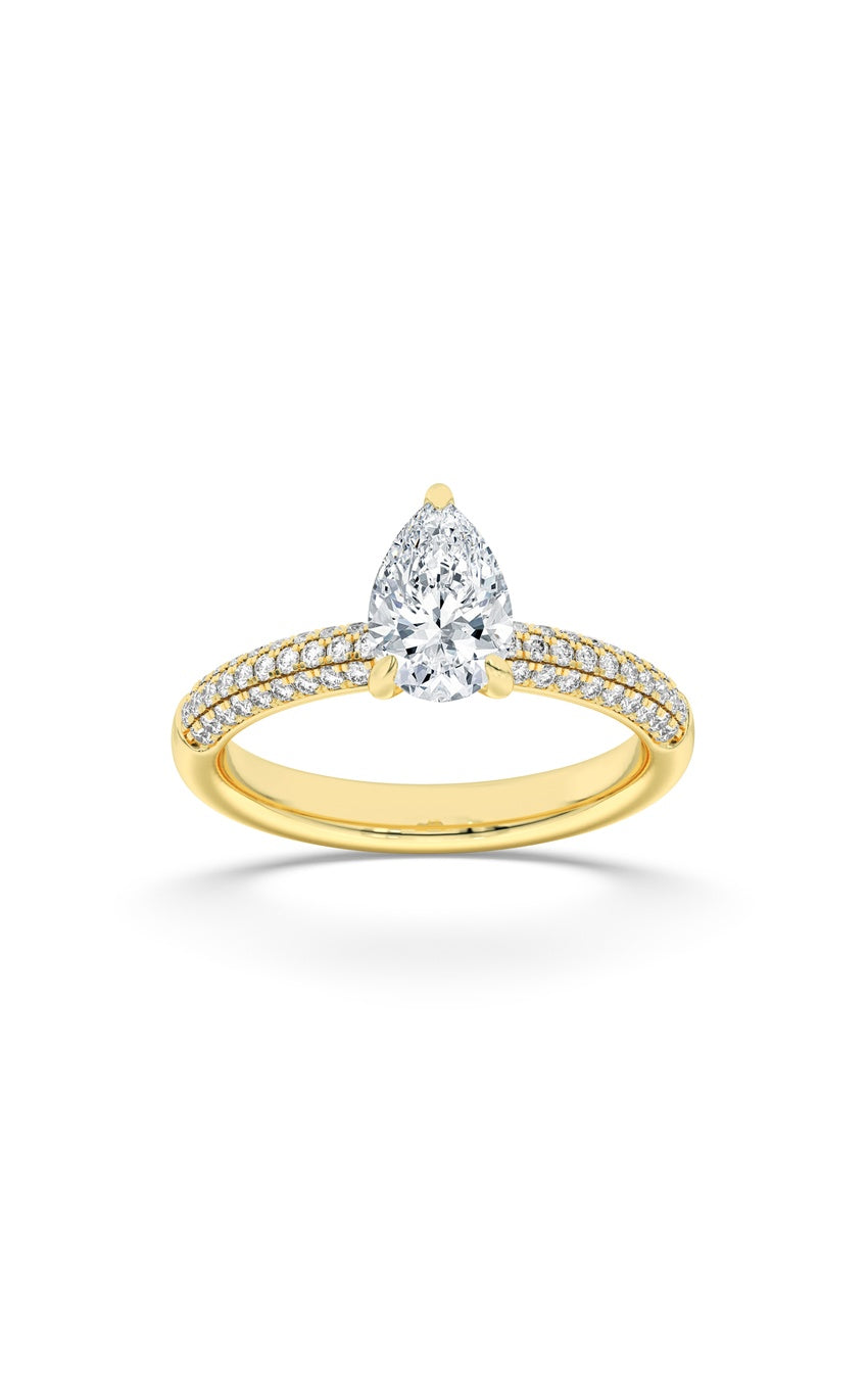1.5Cttw Pear Shaped Lab Grown Diamond (F/VS) Three Row Micro Pave Engagement Ring in 14K Gold