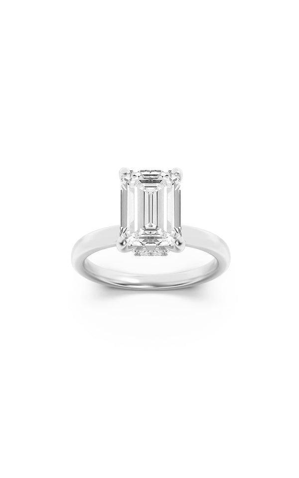 3Cttw Emerald Shaped Lab Grown Diamond (F/VS) Hidden Halo Plain Shank Engagement Ring in 14K Gold
