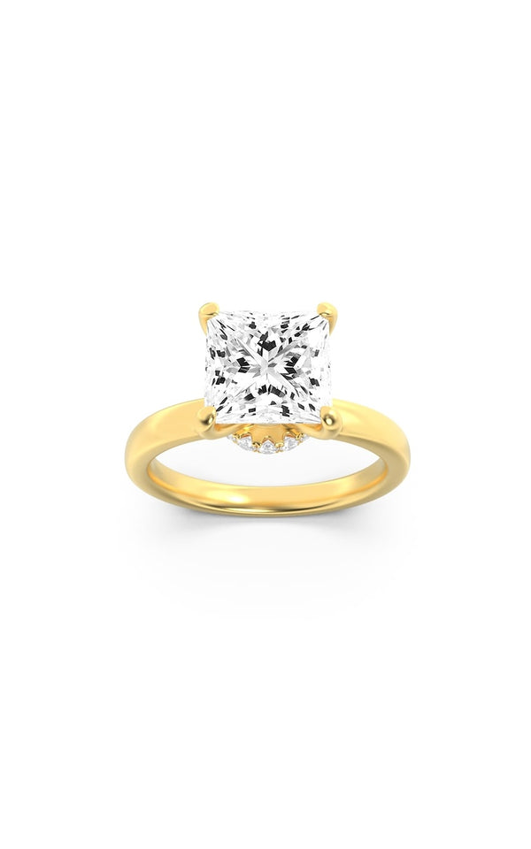 3Cttw Princess Shaped Lab Grown Diamond (F/VS) Hidden Halo Plain Shank Engagement Ring in 14K Gold
