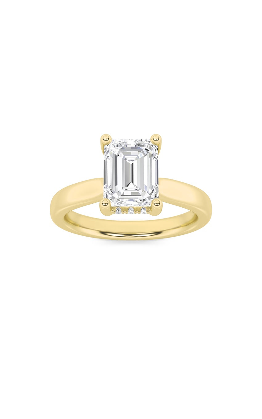 2Cttw Emerald Shaped Lab Grown Diamond (F/VS) Hidden Halo Cathedral Shank Engagement Ring in 14K Gold