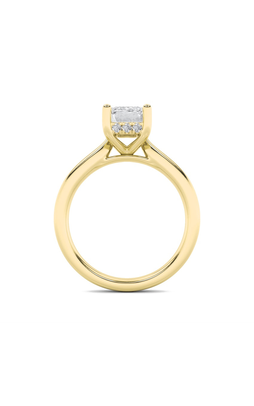 2Cttw Emerald Shaped Lab Grown Diamond (F/VS) Hidden Halo Cathedral Shank Engagement Ring in 14K Gold