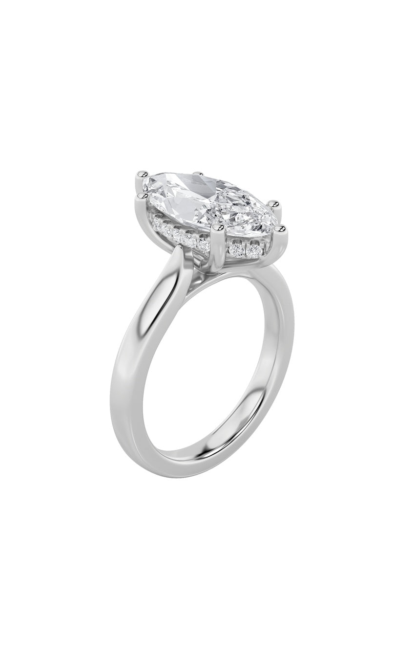 1Cttw Marquise Shaped Lab Grown Diamond (F/VS) Hidden Halo Cathedral Shank Engagement Ring in 14K Gold