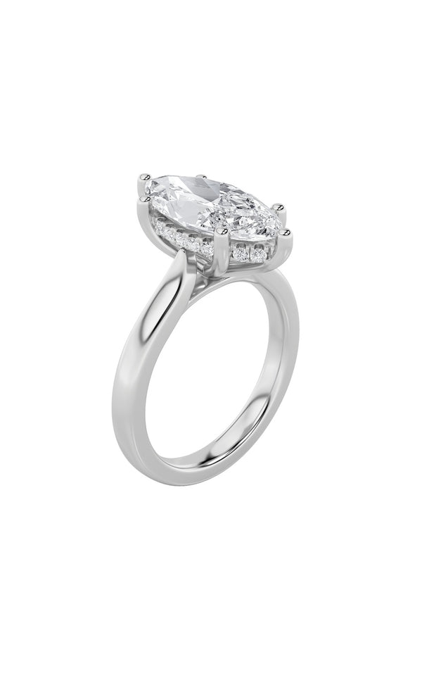 2Cttw Marquise Shaped Lab Grown Diamond (F/VS) Hidden Halo Cathedral Shank Engagement Ring in 14K Gold