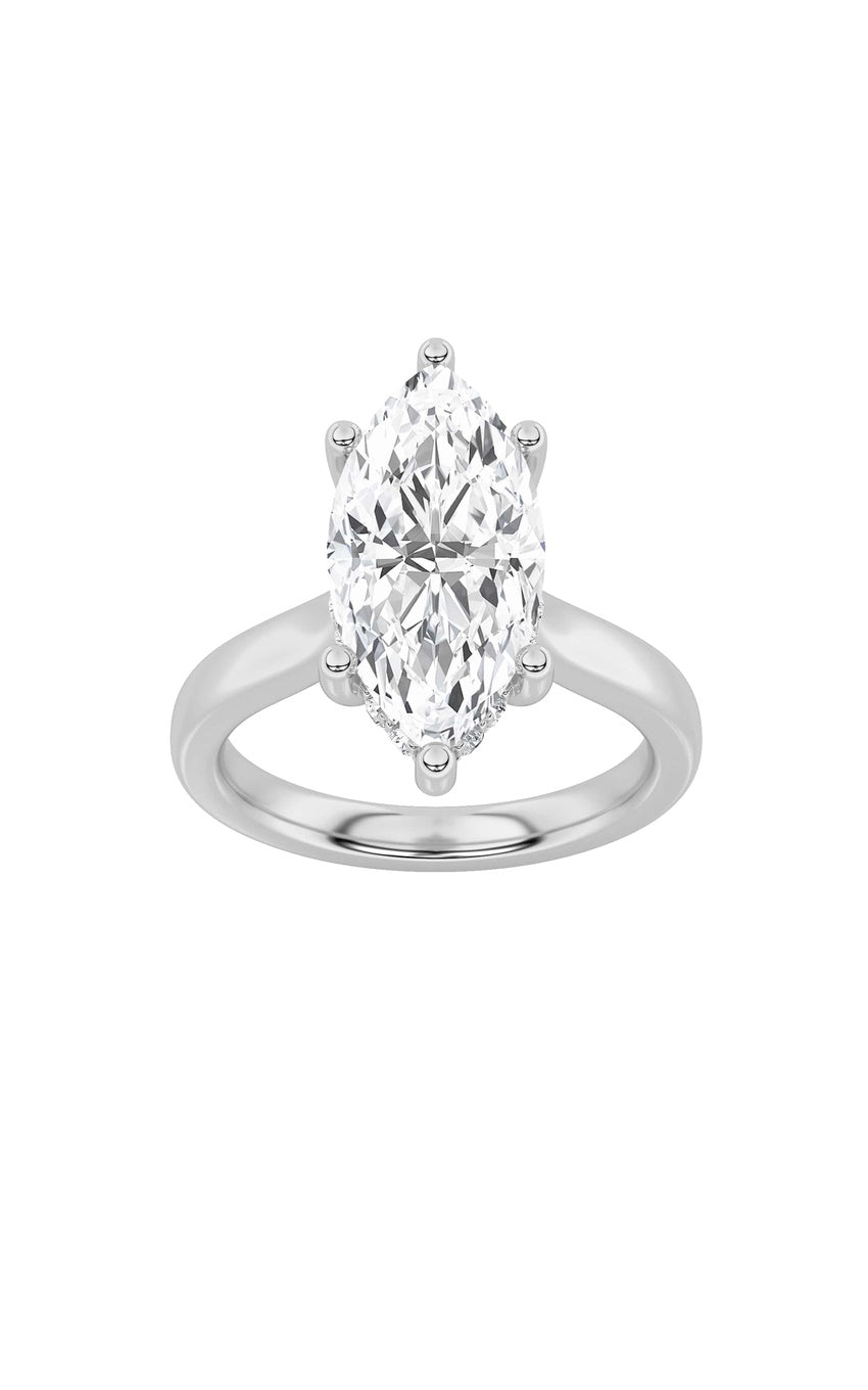 3Cttw Marquise Shaped Lab Grown Diamond (F/VS) Hidden Halo Cathedral Shank Engagement Ring in 14K Gold