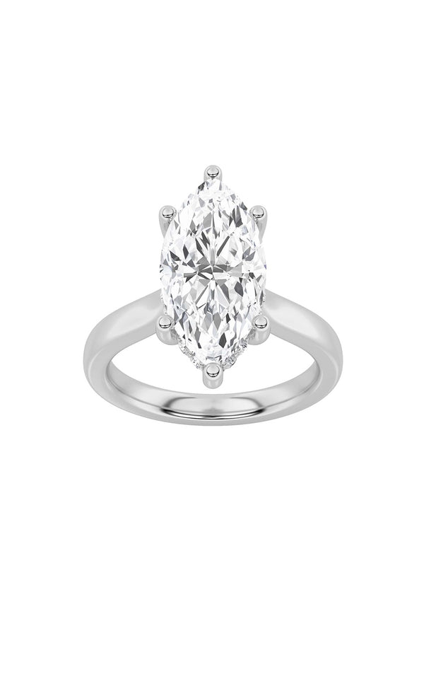 3Cttw Marquise Shaped Lab Grown Diamond (F/VS) Hidden Halo Cathedral Shank Engagement Ring in 14K Gold