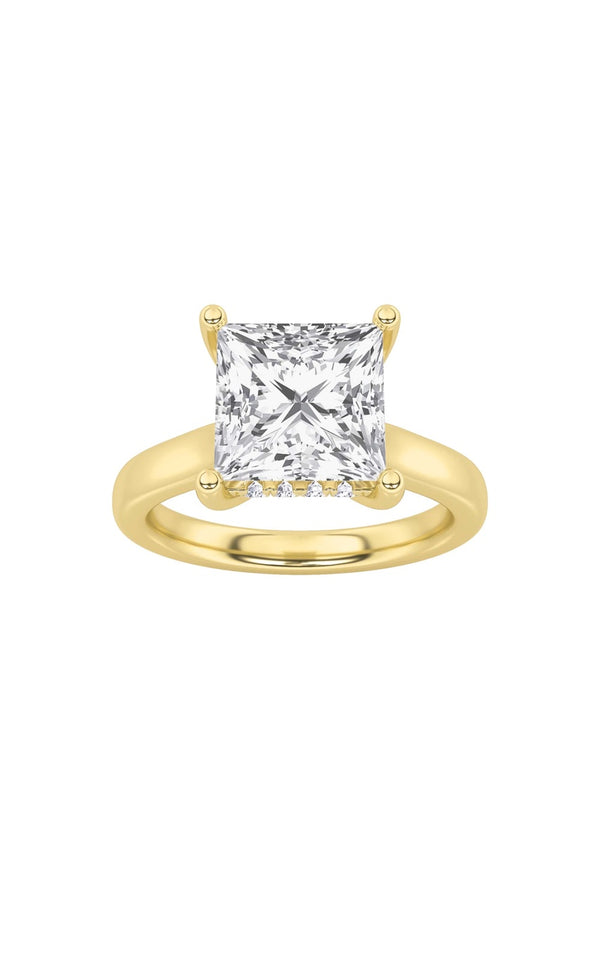 3Cttw Princess Shaped Lab Grown Diamond (F/VS) Hidden Halo Cathedral Shank Engagement Ring in 14K Gold