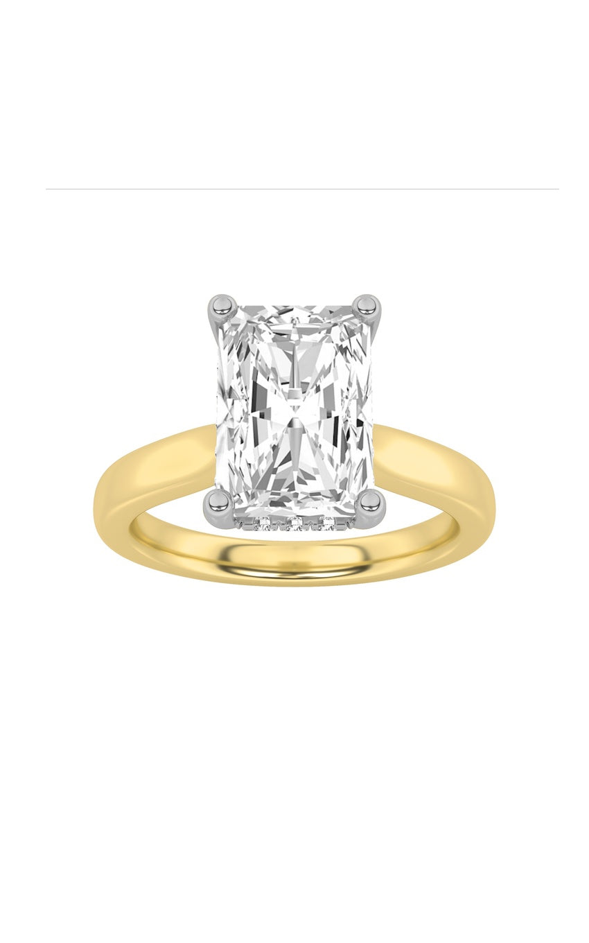 3Cttw Radiant Shaped Lab Grown Diamond (F/VVS) Hidden Halo Cathedral Shank Engagement Ring in 14K Gold