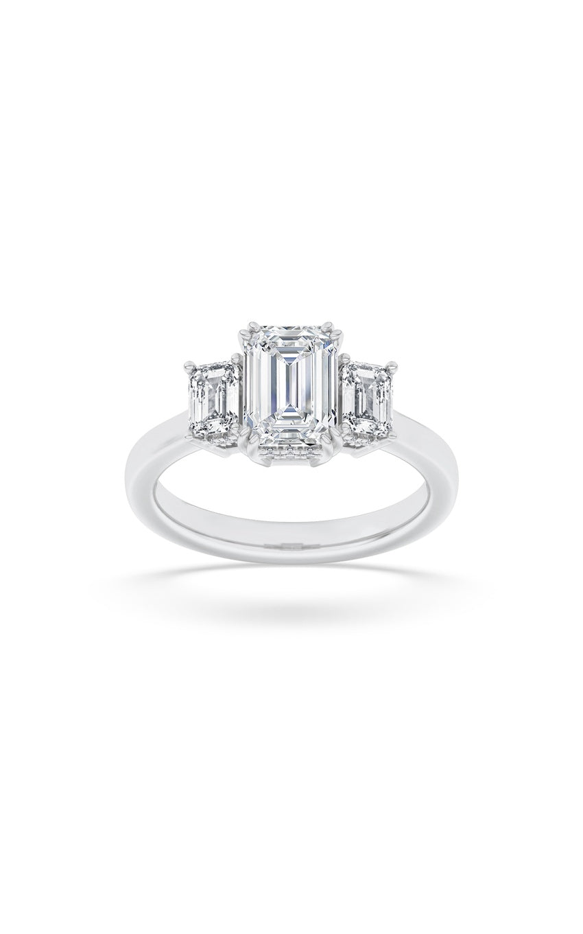 3Cttw Emerald Shaped Lab Grown Diamond (F/VS) Three Stone Accented Ring in 14K Gold