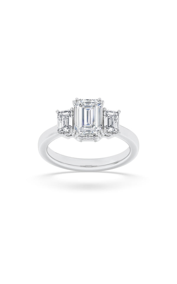 3Cttw Emerald Shaped Lab Grown Diamond (F/VS) Three Stone Accented Ring in 14K Gold
