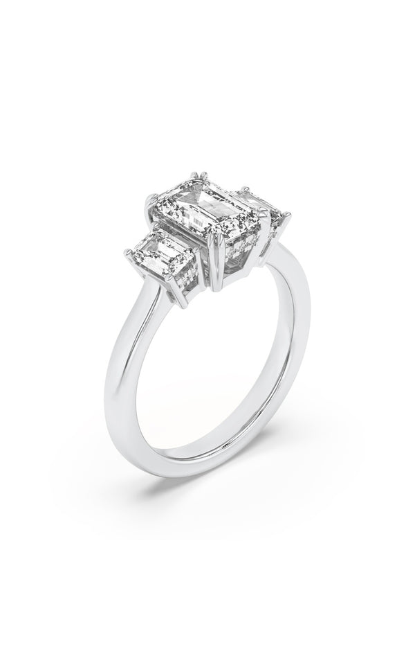 3Cttw Emerald Shaped Lab Grown Diamond (F/VS) Three Stone Accented Ring in 14K Gold