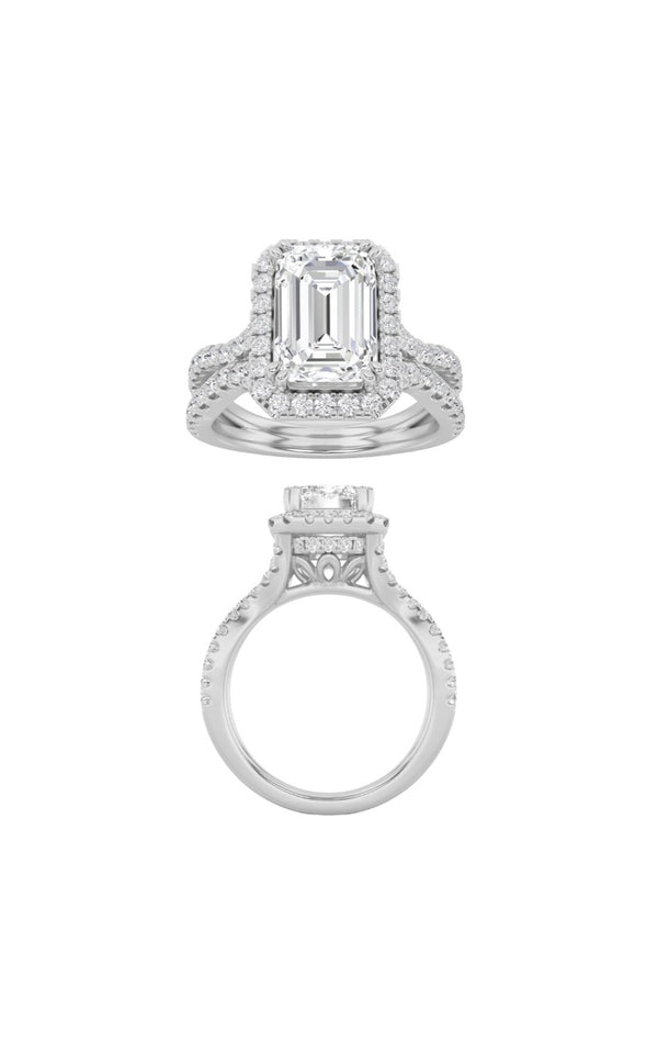 3Cttw Emerald Shaped Lab Grown Diamond (F/VS) Split shank Accented Ring in 14K Gold