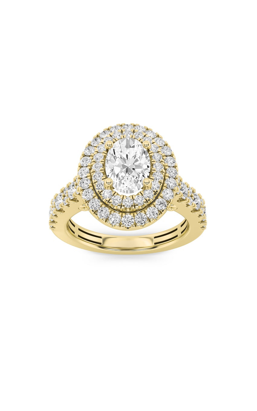 2Cttw Oval Shaped Lab Grown Diamond (F/VS) Double Halo Engagement Ring in 14K Gold