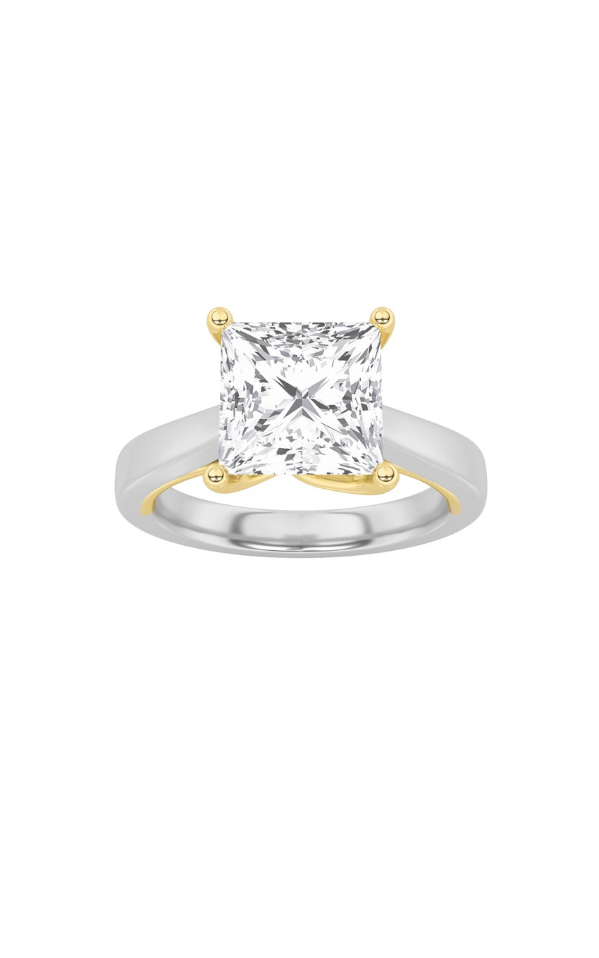 3Cttw Princess Shaped Lab Grown Diamond (F/VS) Two Tone Twisted Basket Cathedral Shank Solitaire Ring in 14K Gold