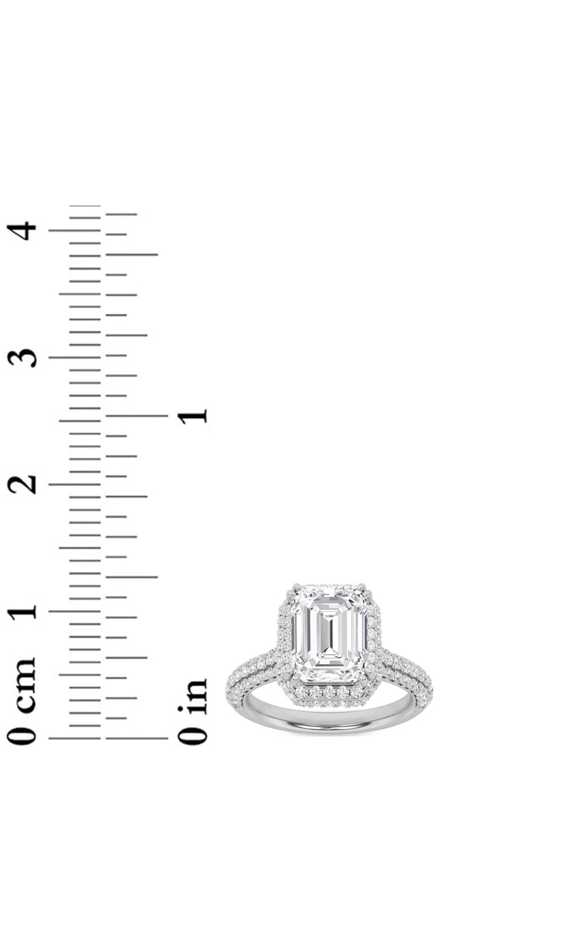 3Cttw Emerald Shaped Lab Grown Diamond (F/VS) Halo Accented Engagement Ring in 14K Gold