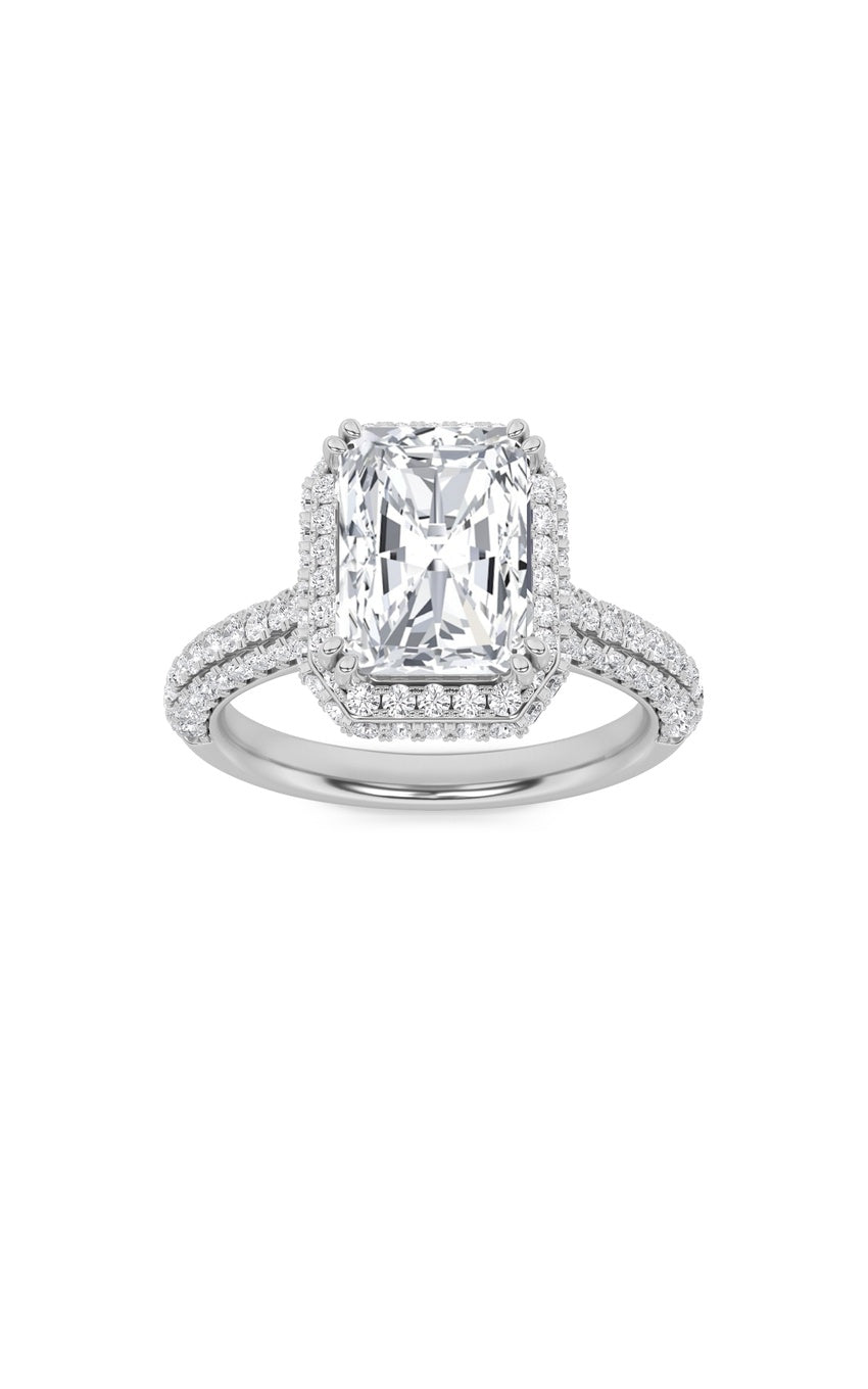 3Cttw Radiant Shaped Lab Grown Diamond (F/VS) Halo Accented Engagement Ring in 14K Gold