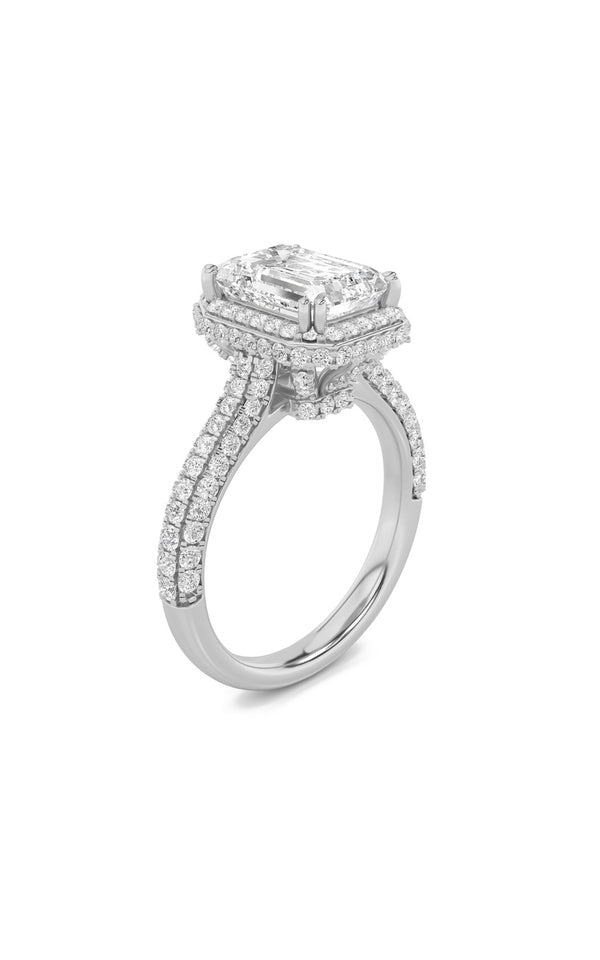 3Cttw Radiant Shaped Lab Grown Diamond (F/VS) Halo Accented Engagement Ring in 14K Gold
