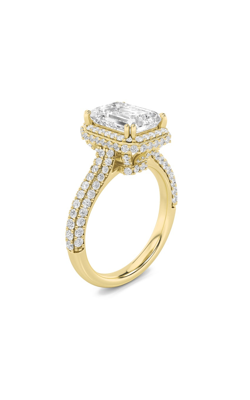 3Cttw Radiant Shaped Lab Grown Diamond (F/VS) Halo Accented Engagement Ring in 14K Gold