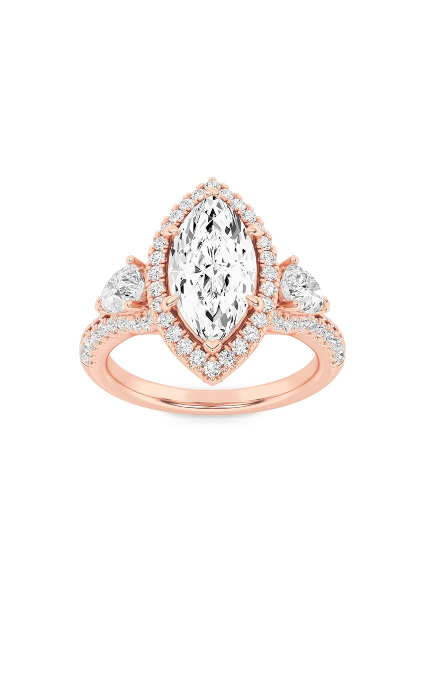 3Cttw Marquise Shaped Lab Grown Diamond (F/VS) Three Stone Bold Accented Engagement Ring in 14K Gold