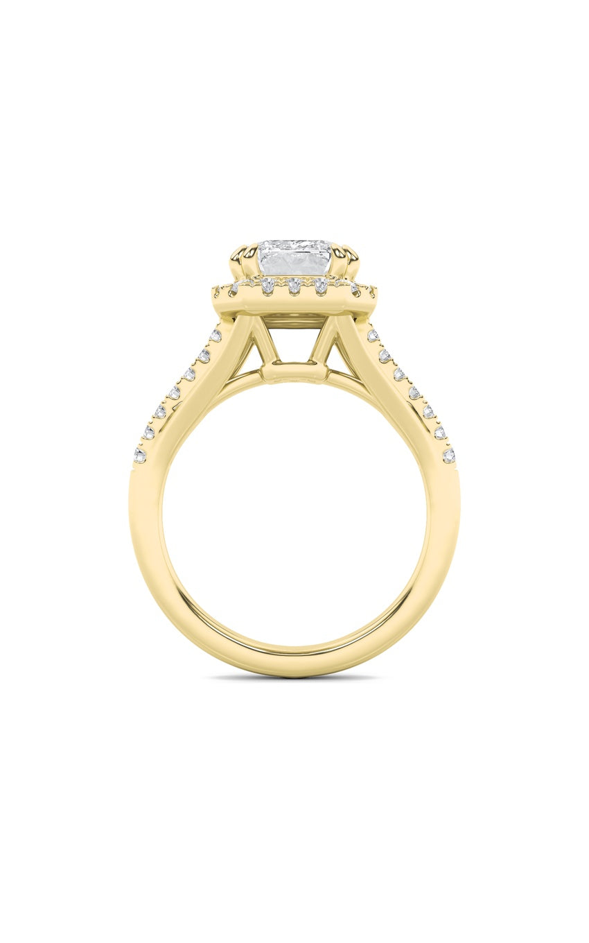 3Cttw Emerald Shaped Lab Grown Diamond (F/VS) Halo Accented Engagement Ring in 14K Gold