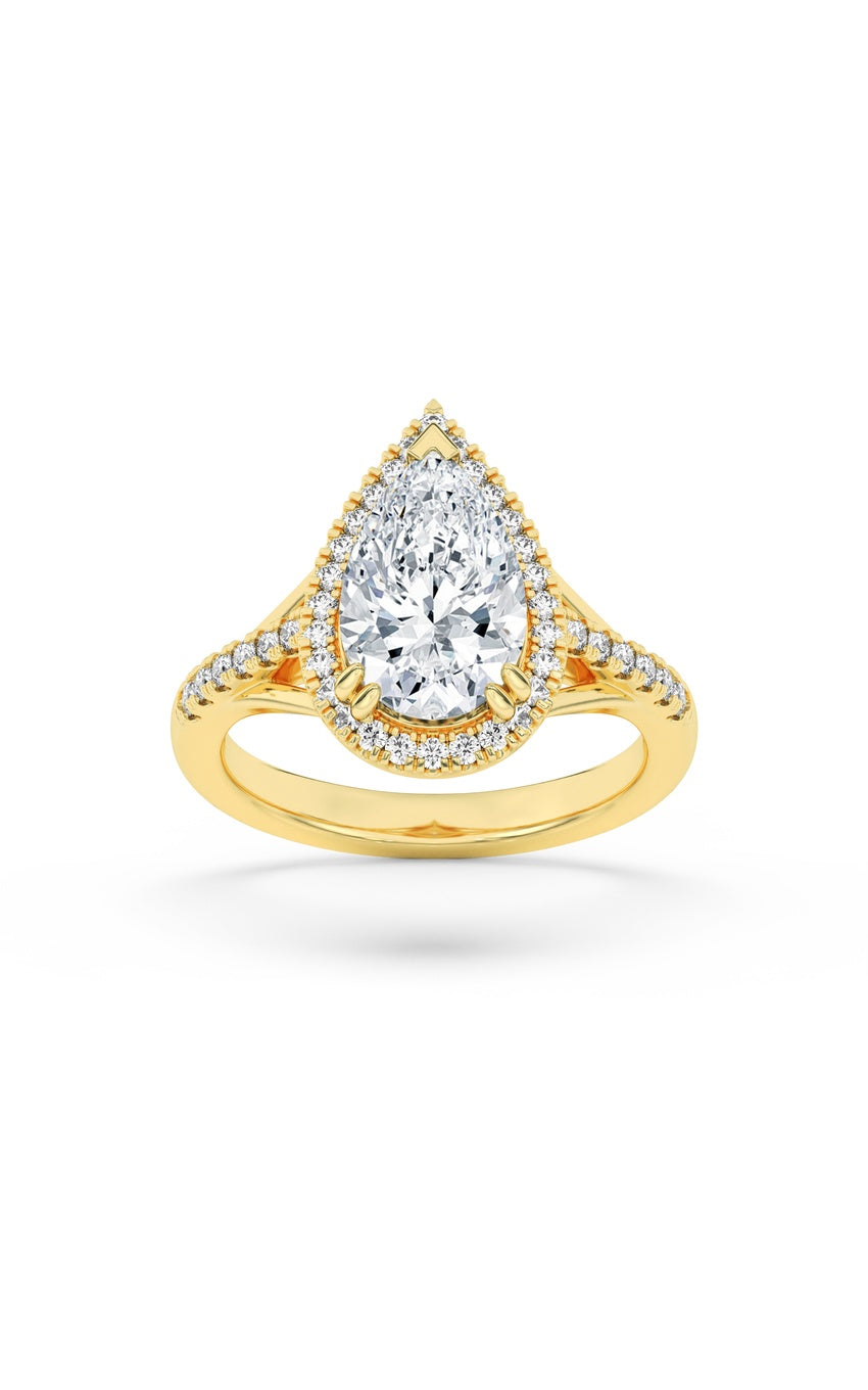 3Cttw Pear Shaped Lab Grown Diamond (F/VS) Halo Accented Engagement Ring in 14K Gold