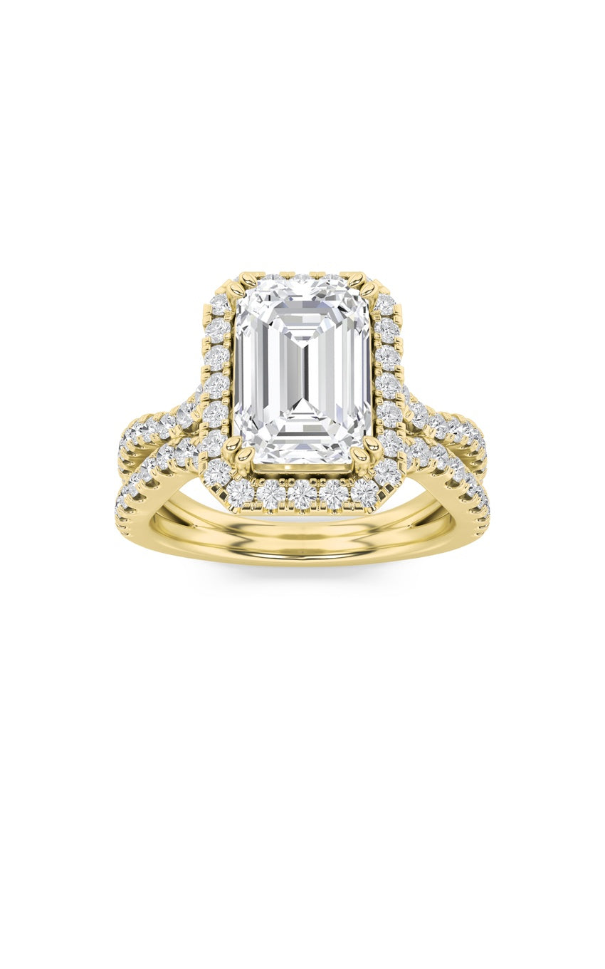 4Cttw Emerald Shaped Lab Grown Diamond (F/VS) Split Shank Halo Engagement Ring in 14K Gold