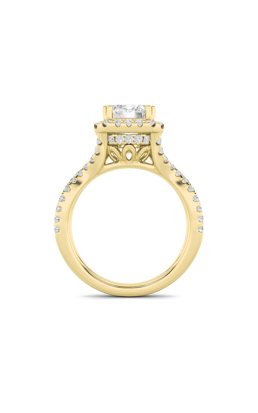 4Cttw Emerald Shaped Lab Grown Diamond (F/VS) Split Shank Halo Engagement Ring in 14K Gold