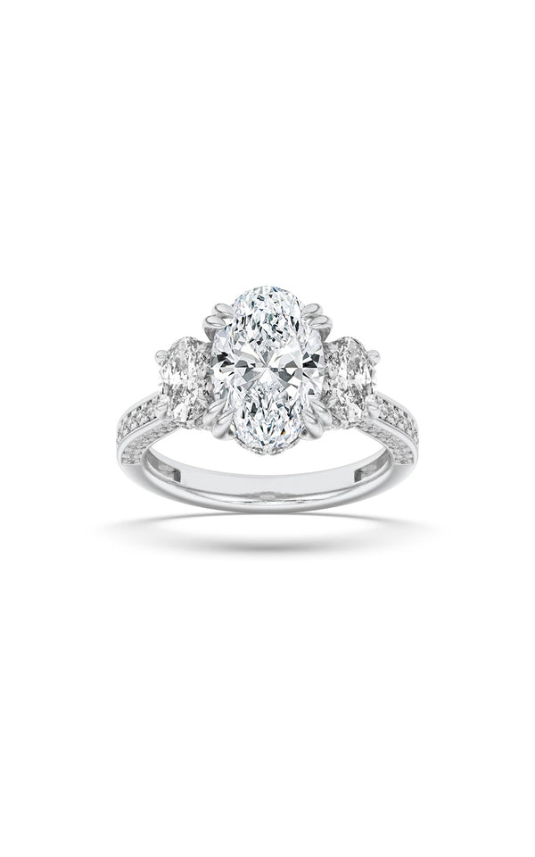 3Cttw Oval Shaped Lab Grown Diamond (F/VS) Three Stone Accented Engagement Ring in 14K Gold