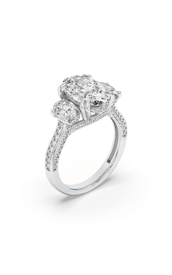 3Cttw Oval Shaped Lab Grown Diamond (F/VS) Three Stone Accented Engagement Ring in 14K Gold