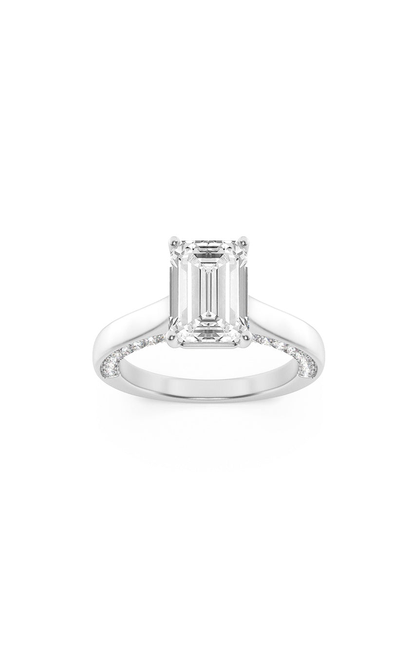 2Cttw Emerald Shaped Lab Grown Diamond (G/VS) Accented Bridge Shank Engagement Ring in 14K Gold