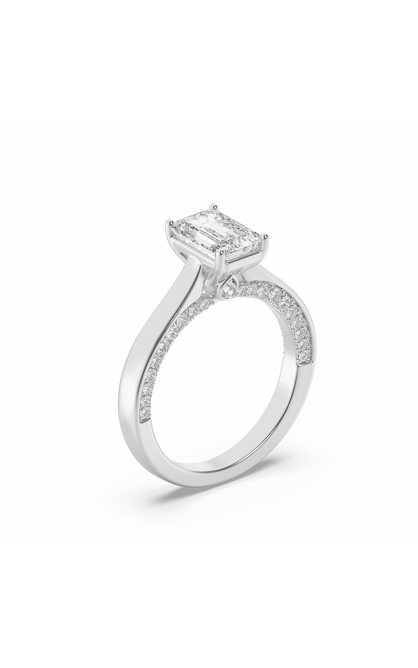2Cttw Emerald Shaped Lab Grown Diamond (G/VS) Accented Bridge Shank Engagement Ring in 14K Gold