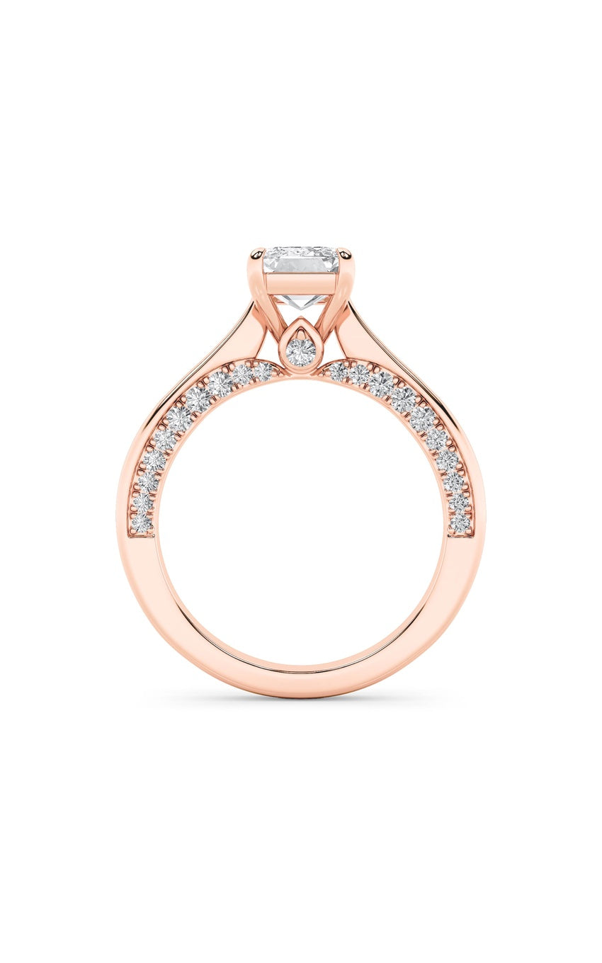 2Cttw Emerald Shaped Lab Grown Diamond (G/VS) Accented Bridge Shank Engagement Ring in 14K Gold